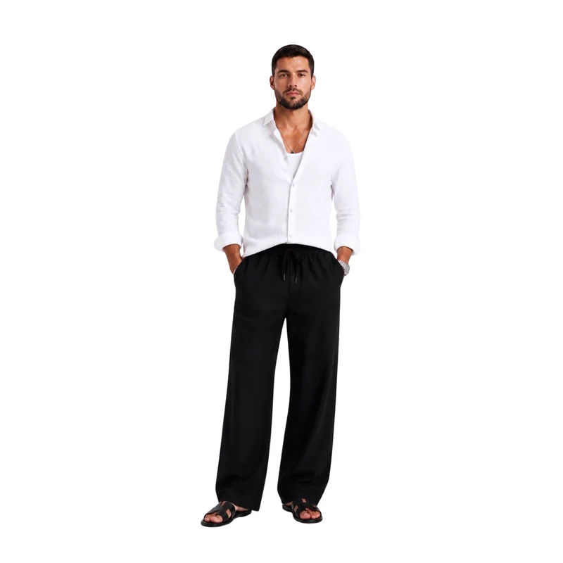 Pure Linen Relaxed Trousers — Black