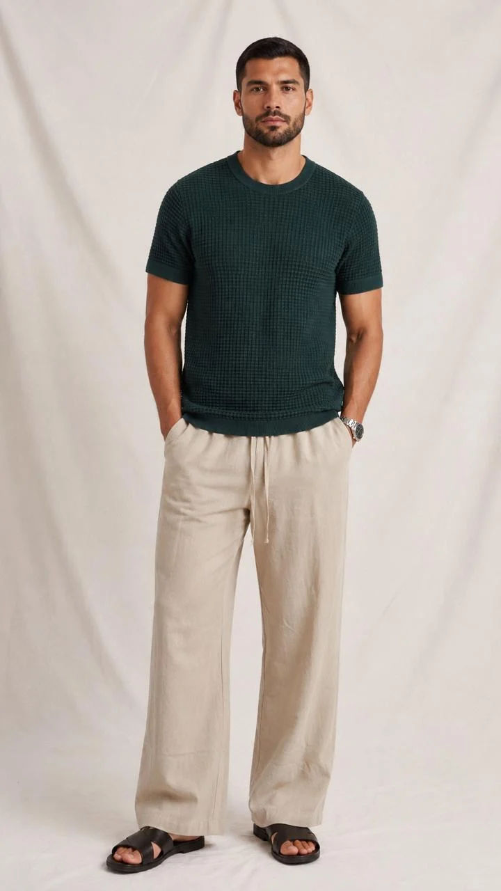 Waffle Knitted Tee - Dark Green