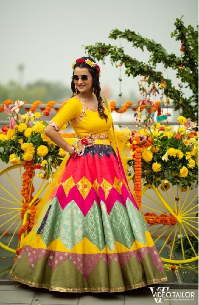 Latest Mehndi Dress Shocking Pink Blouse Yellow Lehenga Purple Dupatta