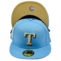 Texas Rangers Light Blue ADTR 3 40th Anniversiary Season Side Patch Tan UV New Era 59Fifty Fitted Hat