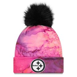 Women's Pittsburgh Steelers New Era Pink Black 2022 NFL Crucial Catch Pom Knit Hat