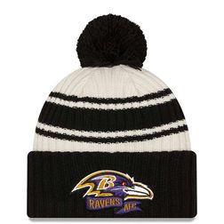 Baltimore Ravens New Era 2022 Cream NFL Sideline Sport Pom Cuffed Knit Beanie Hat