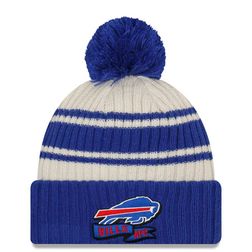 Buffalo Bills New Era 2022 Cream NFL Sideline Sport Pom Cuffed Knit Beanie Hat