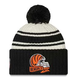 Cincinnati Bengals New Era 2022 Cream NFL Sideline Sport Pom Cuffed Knit Beanie Hat