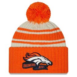 Denver Broncos New Era 2022 Cream NFL Sideline Sport Pom Cuffed Knit Beanie Hat