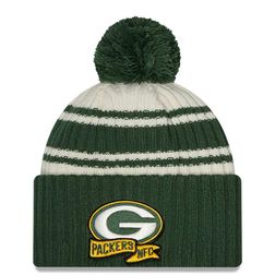 Green Bay Packers New Era 2022 Cream NFL Sideline Sport Pom Cuffed Knit Beanie Hat