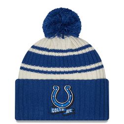 Indianapolis Colts New Era 2022 Cream NFL Sideline Sport Pom Cuffed Knit Beanie Hat