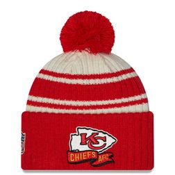 Kansas City Chiefs New Era 2022 Cream NFL Sideline Sport Pom Cuffed Knit Beanie Hat