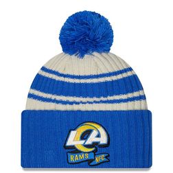 Los Angeles Rams New Era 2022 Cream NFL Sideline Sport Pom Cuffed Knit Beanie Hat