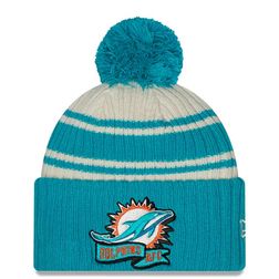 Miami Dolphins New Era 2022 Cream NFL Sideline Sport Pom Cuffed Knit Beanie Hat