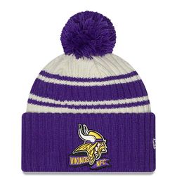 Minnesota Vikings New Era 2022 Cream NFL Sideline Sport Pom Cuffed Knit Beanie Hat