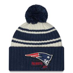 New England Patriots New Era 2022 Cream NFL Sideline Sport Pom Cuffed Knit Beanie Hat