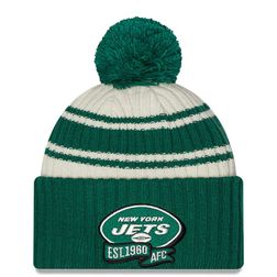 New York Jets New Era 2022 Cream NFL Sideline Sport Pom Cuffed Knit Beanie Hat