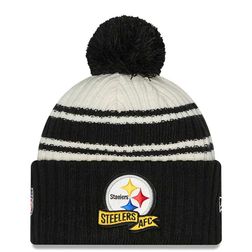 Pittsburgh Steelers New Era 2022 Cream NFL Sideline Sport Pom Cuffed Knit Beanie Hat