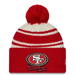 San Francisco 49ers New Era 2022 Cream NFL Sideline Sport Pom Cuffed Knit Beanie Hat