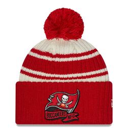 Tampa Bay Buccaneers New Era 2022 Cream NFL Sideline Sport Pom Cuffed Knit Beanie Hat