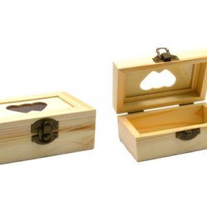 Wooden Box 11 x 7 x 5 cm With 2 Hearts And Glass On Cover
