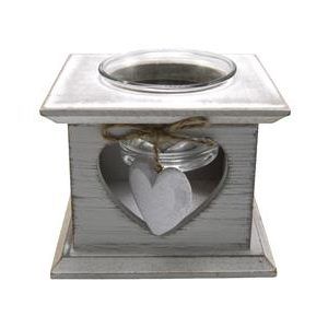 Wooden MDF Square Candle Holder With 2 Hearts And Glass