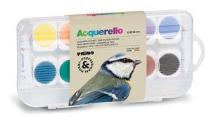 primo 12 fine watercolour tablets diametre 30mm in removable plastic trays, + 1 brush and 2 white tubes 7.5ml