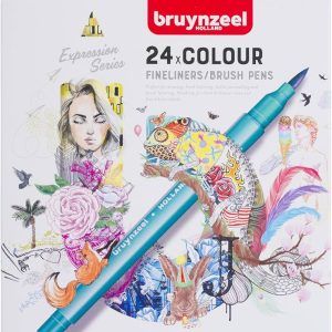 Bruynzeel Creatives Fineliner/Brush Pen Set of 24 Colors | Dual-Tip Pens for Writing, Drawing & Coloring Books for Adults
