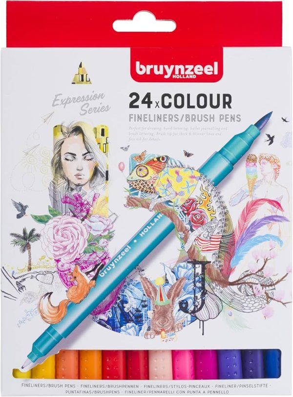 Bruynzeel Creatives Fineliner/Brush Pen Set of 24 Colors | Dual-Tip Pens for Writing, Drawing & Coloring Books for Adults