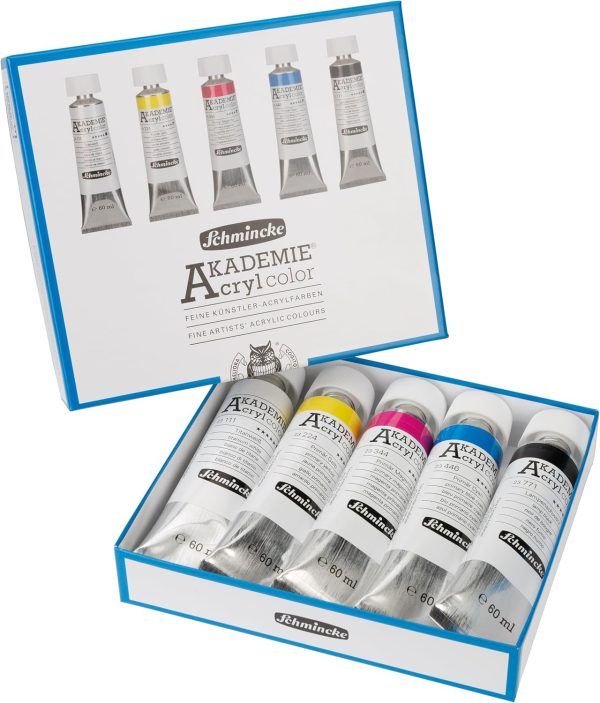 Schmincke - ACADEMIE® Acrylic paint, basic set of cardboard boxes with tubes 5 x 60 ml basic colors 76776
