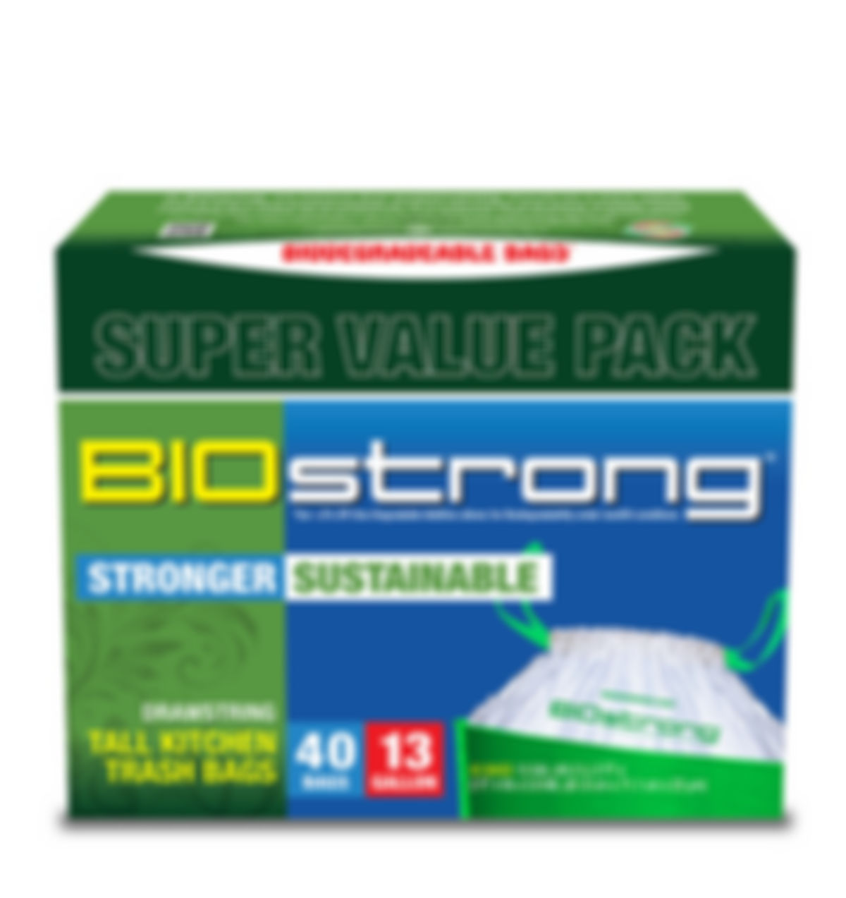 Biostrong 13gal. Biodegradable drawstring kitchen trash bag (40 bags)