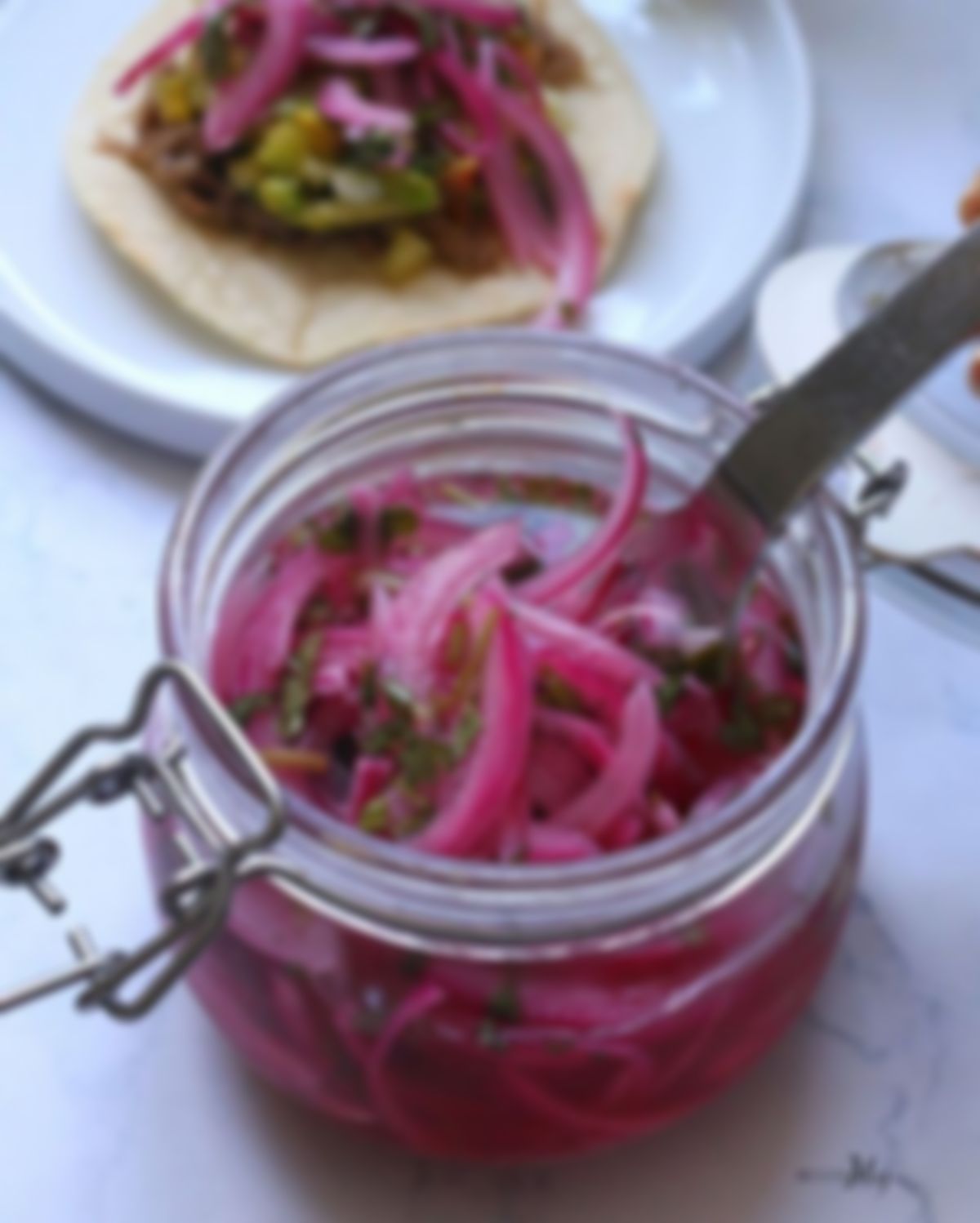 cebolla lila encurtida con cilatrillo y jugo de limon