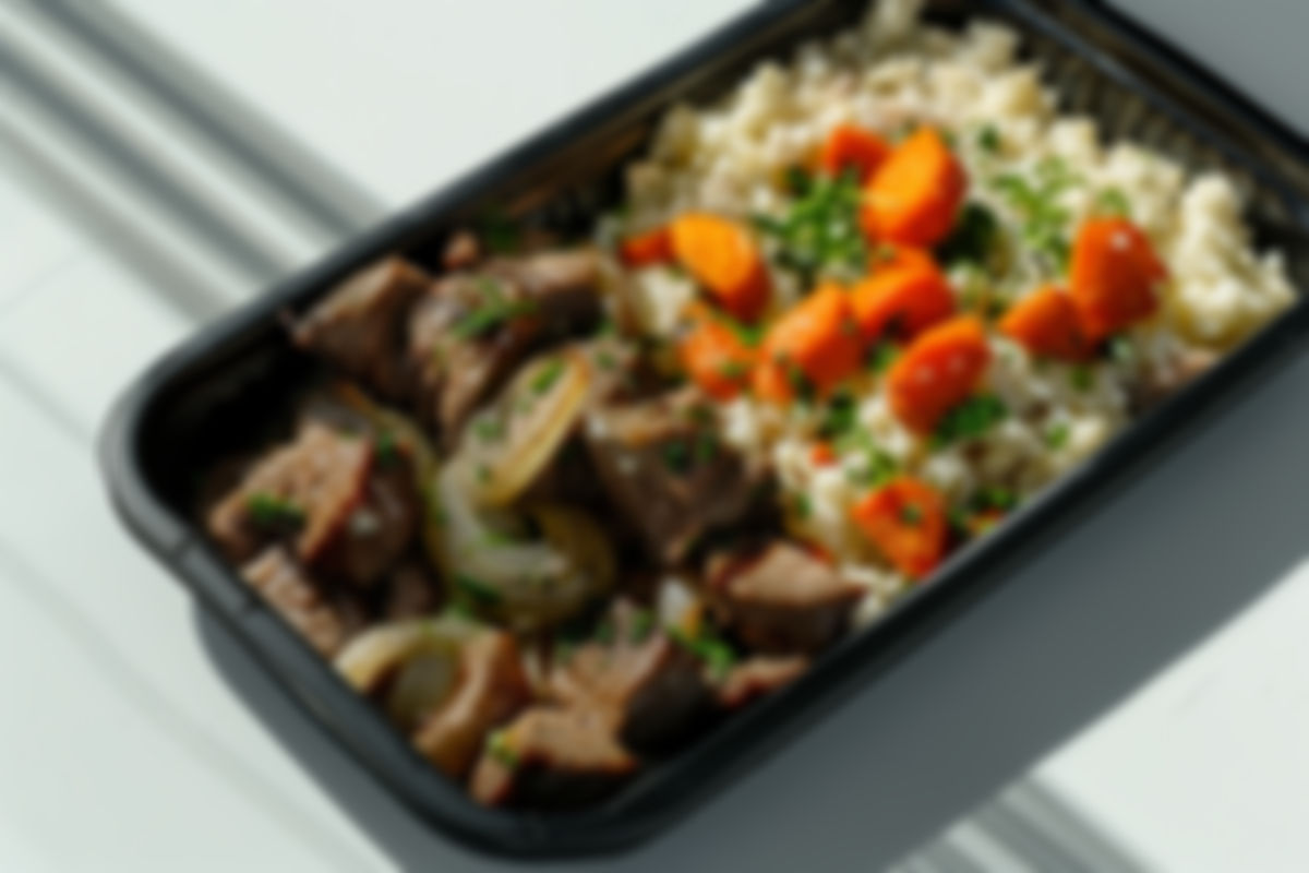 Bistec encebollado con arroz de coliflor y zanahorias rostizadas