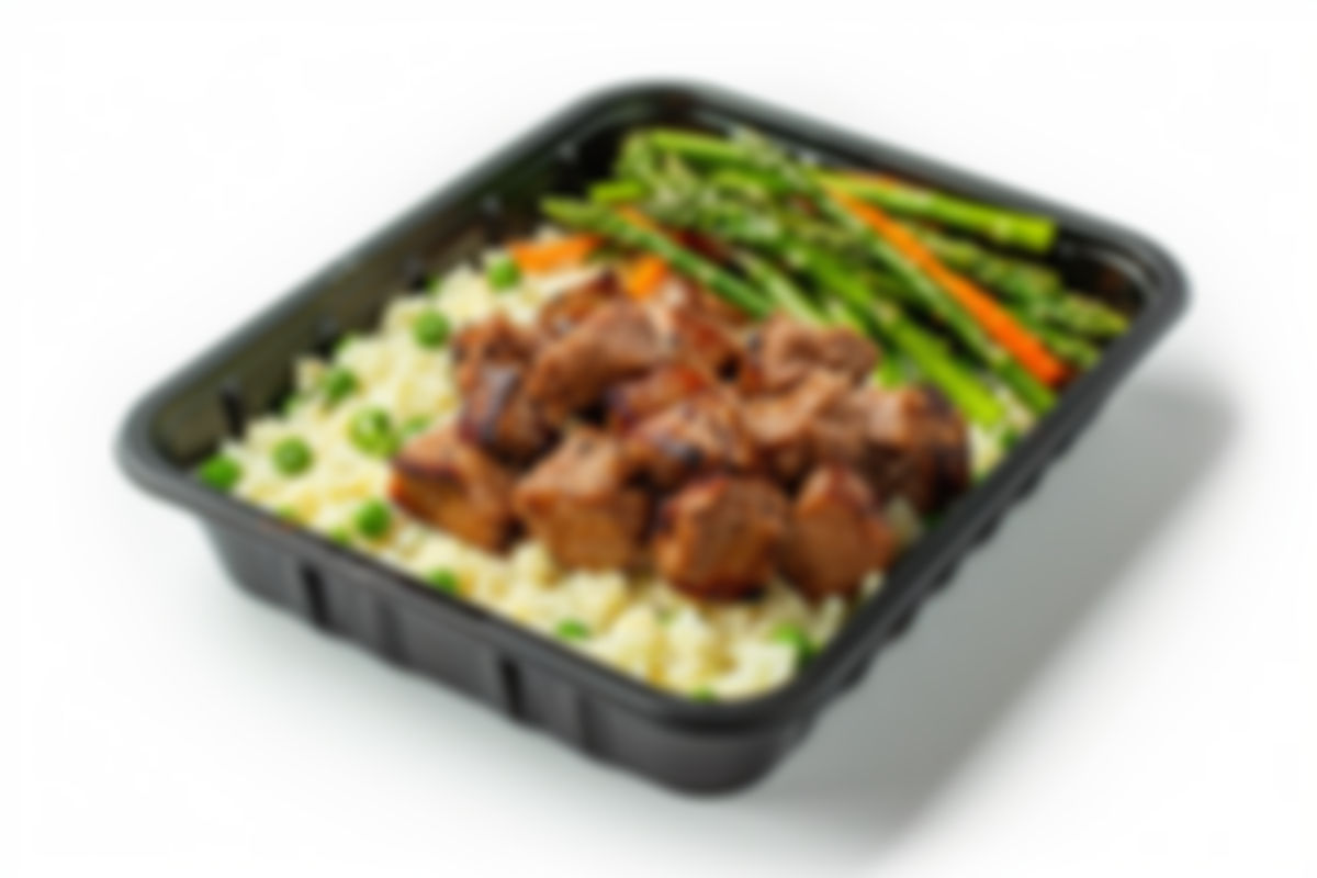 Carne frita con arroz de coliflor y esparragos