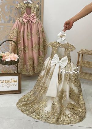 Janessa Dress White-Gold. Long tail White princess dress
