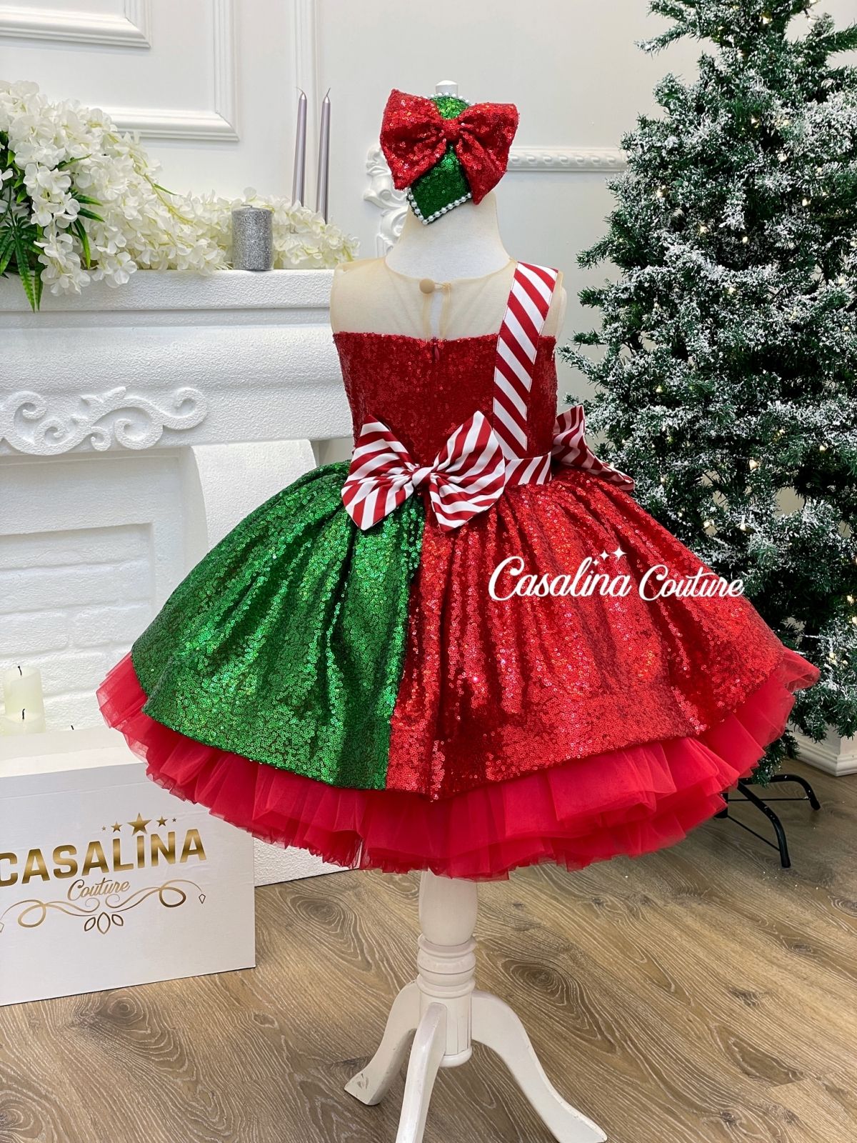 Noelle dress. Shiny sequin fabric green red christmas baby girl dress.  White red sugar cane patterned sash baby girl dress. Special. - CASALINA  COUTURE