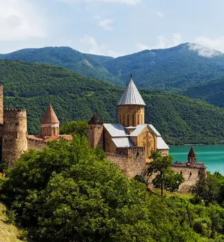 Ananuri fortress on a densely forested green hill in Georgia overlooking a lake in the day.