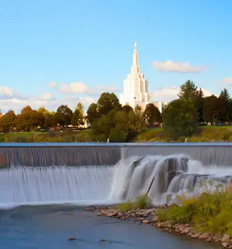 Idaho Falls in front of a temple within the city.