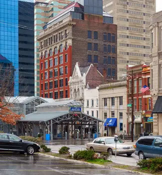 Businesses on Market Street in Downtown Lexington, Kentucky on a rainy day.