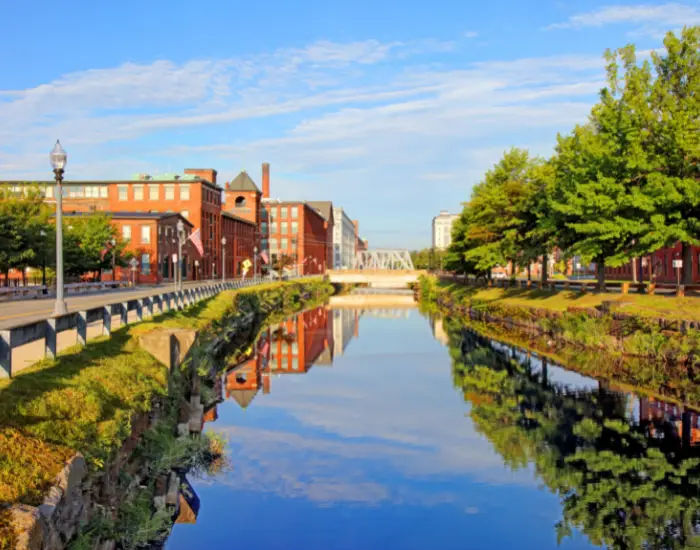 Lawrence, Massachusetts city in Essex County with Merrimack River slowly and calmly moving upstream into the city.