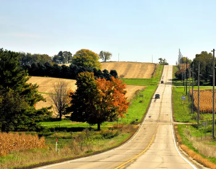 Scenic Minnesota farmland drive near North Shore with fields of golden yellow grass, green trees, and a cement road.