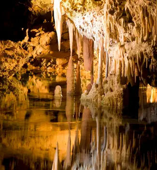 Close up of stalagmites forming from minerals in calm waters within the Fantastic Caverns in Missouri.