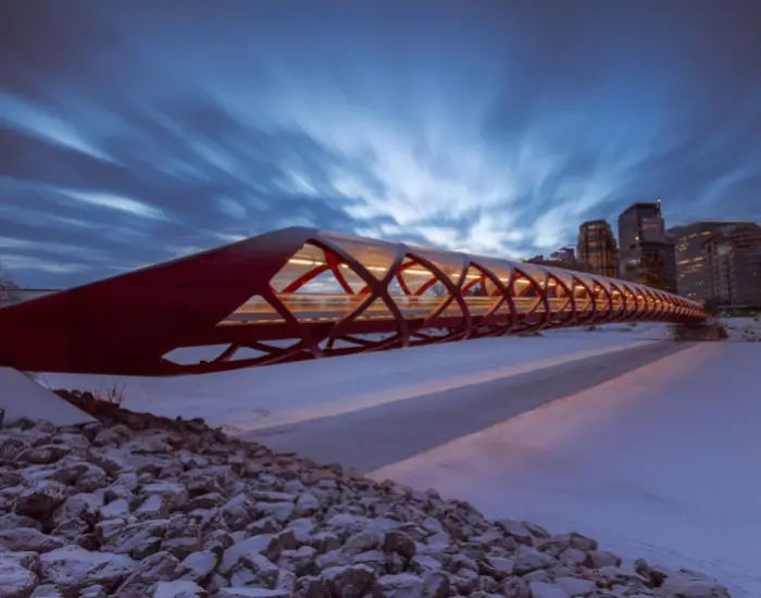 Peace Bridge in winter covered by snow connecting Buffalo, NY, and Fort Erie Canada.