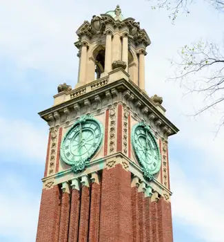 Looking up at the Carried Tower monument in Brown University to memorial Caroline Mathilde Brown.