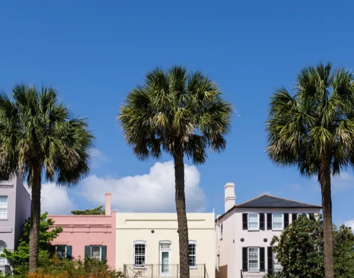 Historic Rainbow Row buildings in Charleston, South Carolina lined with Palmetto trees on a bright sunny day.