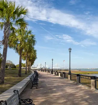 Memorial Waterfront Park in Charleston, South Carolina with a paved pathway leading across the beach lined with palm trees on a summer day.