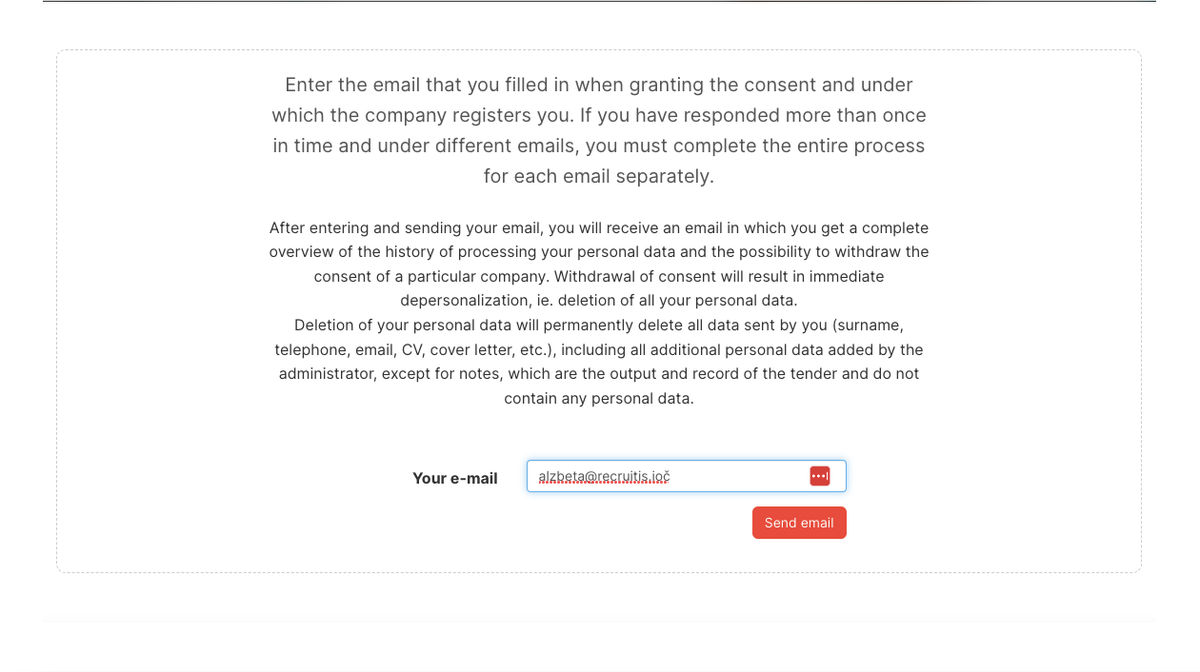 Link for deleting personal data - entering email