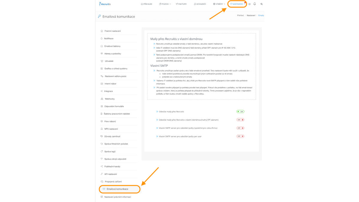nastavení emailové komunikace