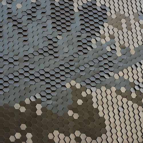 Curved facade clad in monochromatic MetaBloxs with fish scale-like texture.