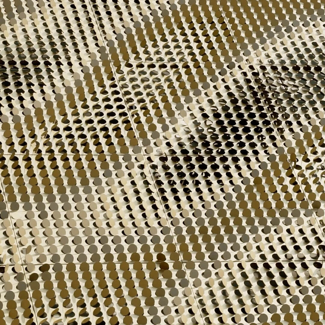 MetaCoin panels with round golden discs forming a coin matrix creating a rippling surface illusion.