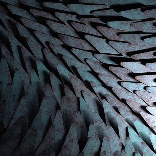 MetaCoin panels with round golden discs forming a coin matrix creating a rippling surface illusion.