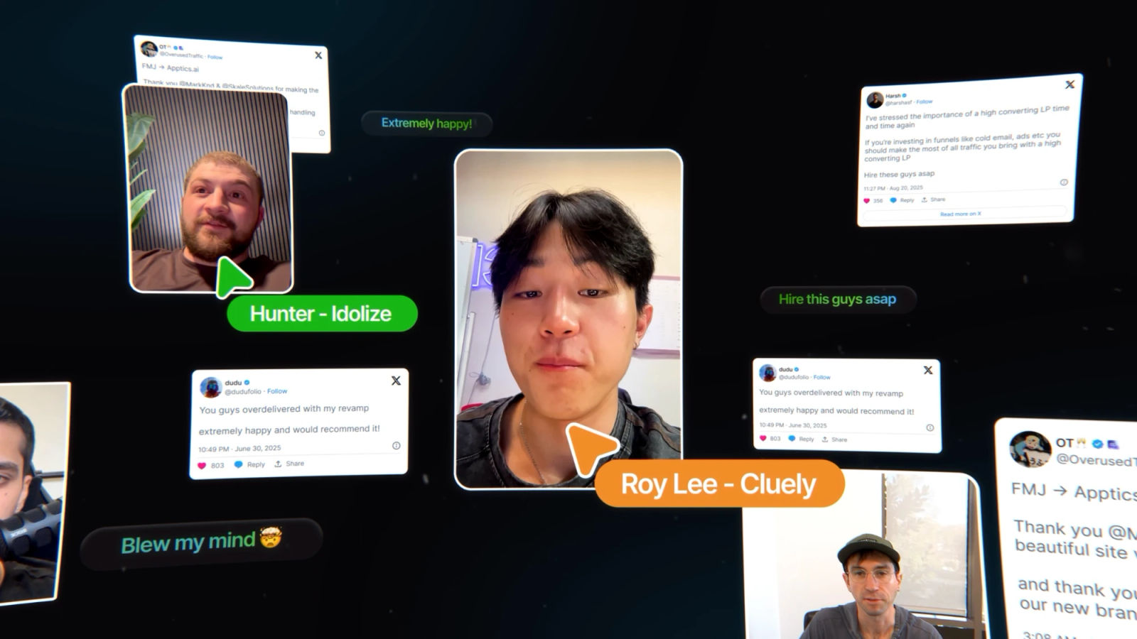 Client testimonials floating in space