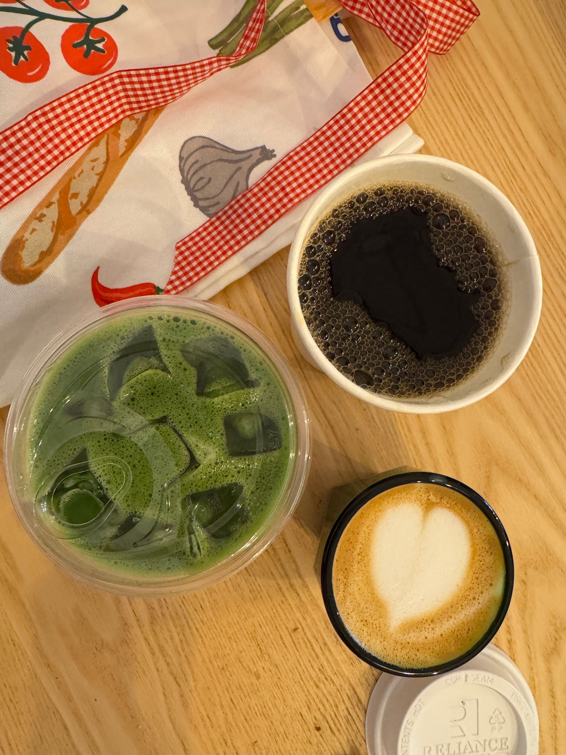 Matcha lattee, drip, and a cortado