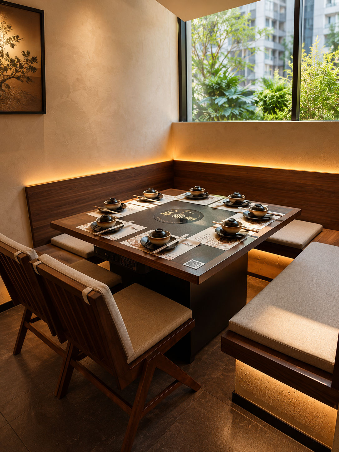 Warm interior and dining tables at SUNLIT HOTPOT Ekkamai